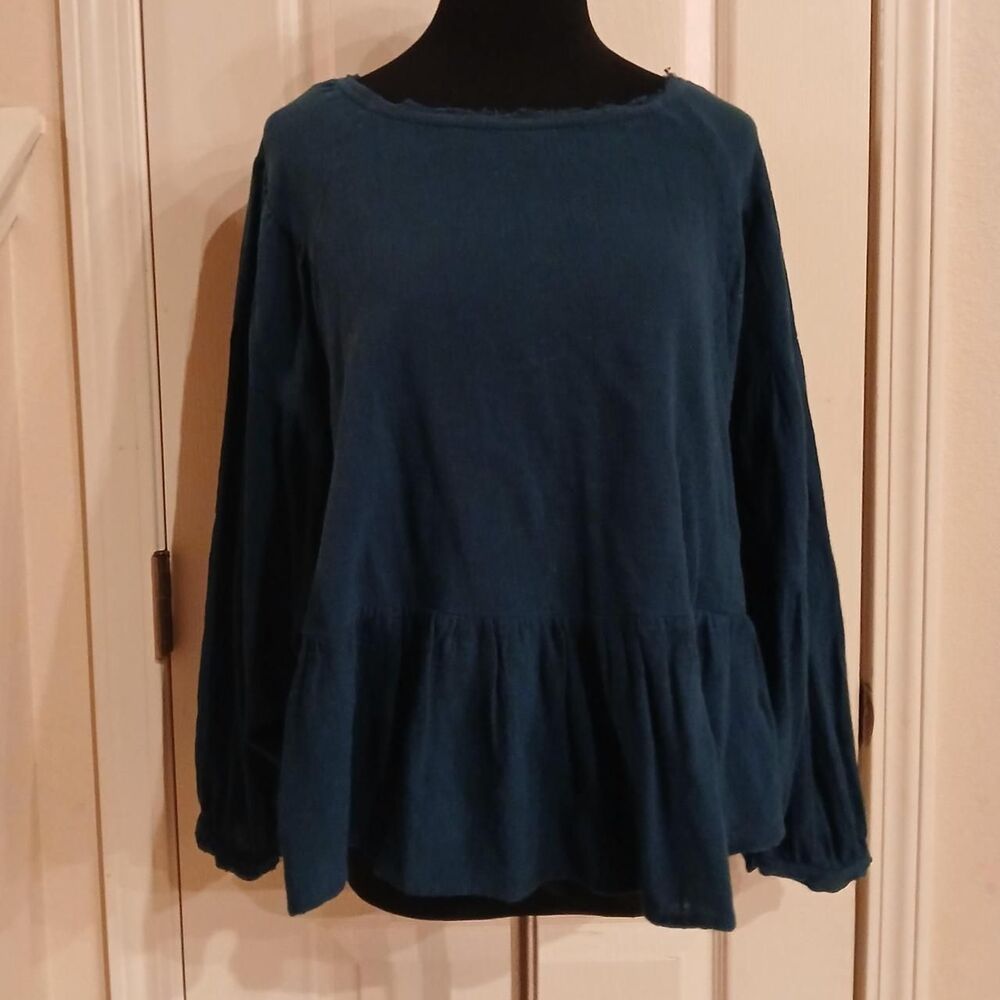 Free People flowy boho teal oversized tiered top puffy long sleeves 100% cotton